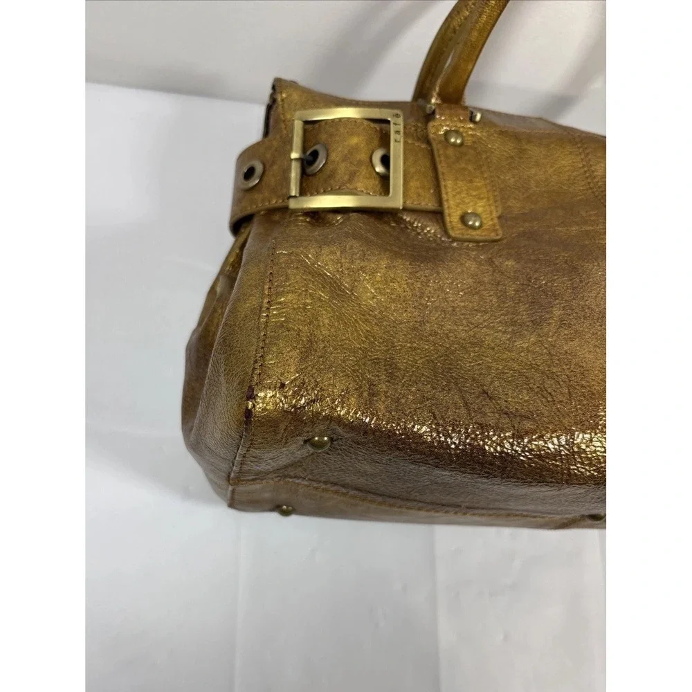 RAFE New York Metallic Gold Leather Handbag Purse Buckle DoubleHandle Retro Chic